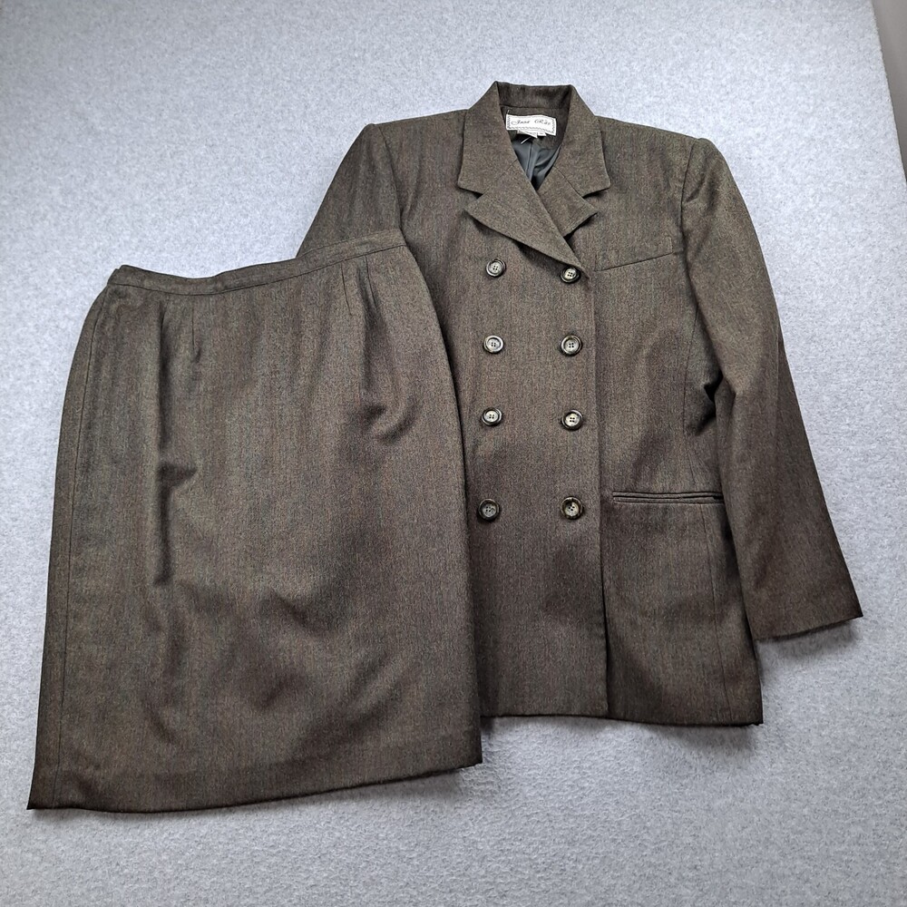 Vtg Wool Power Suit Woman 12 Brown Blazer Double Breast Skirt Heritage Academia